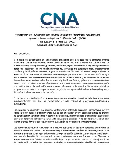 Renovación de la Acreditación en Alta Calidad de Programas Académicos que ampliaron a Registro Calificado Único (RCU)